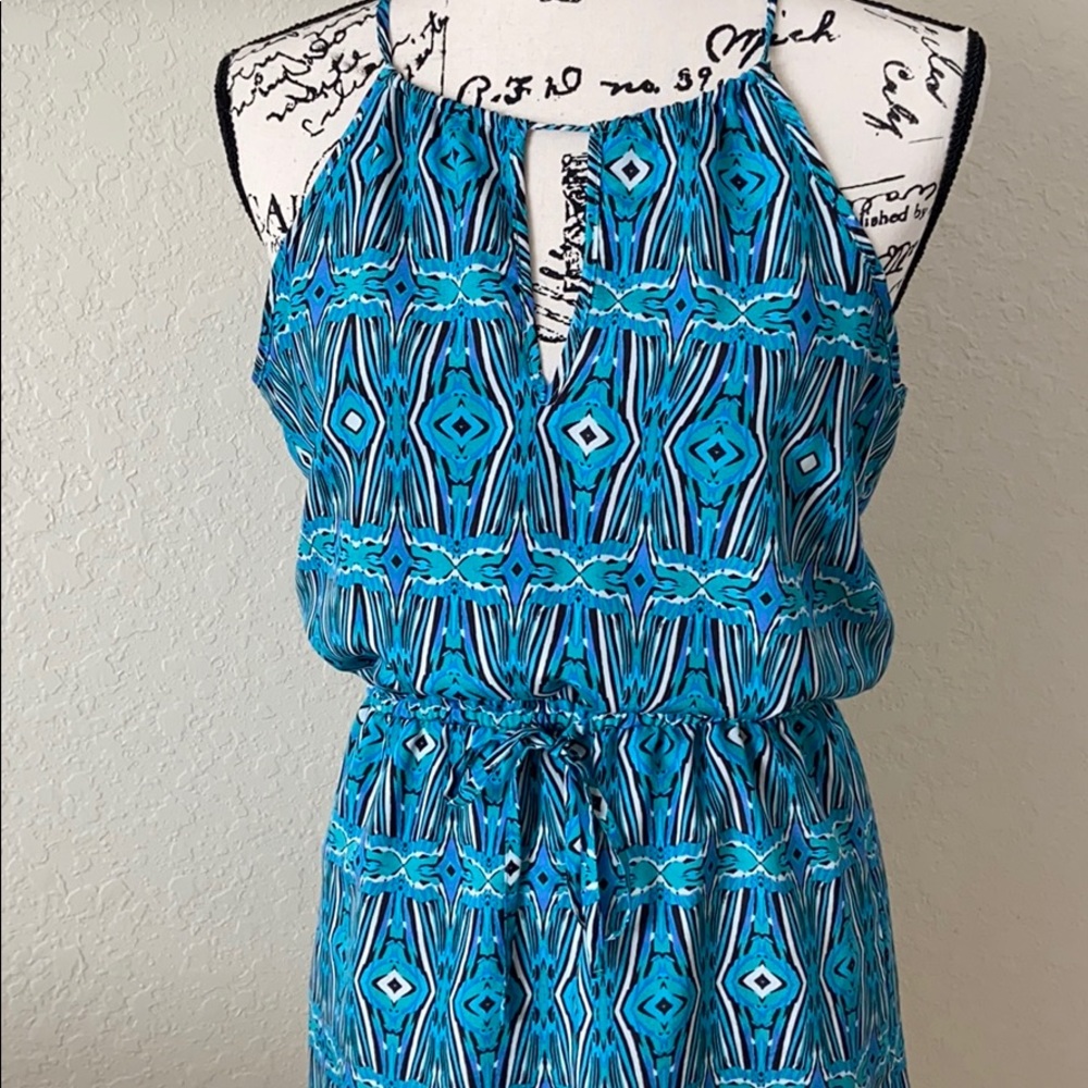 🌸Blue, teal, white, and black dress.